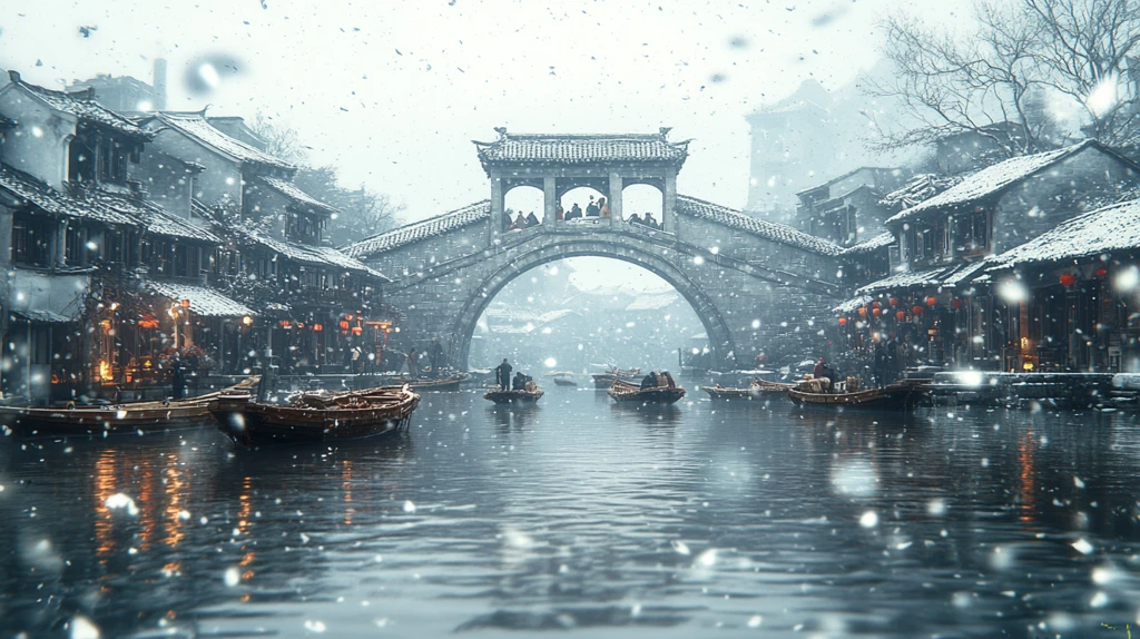 雪中江南水乡古桥与小船相映成趣