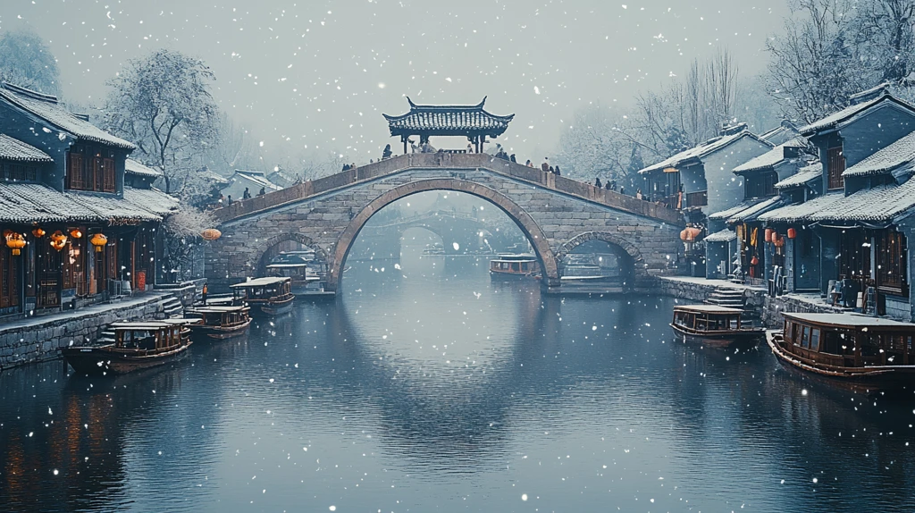 雪中江南水乡古桥与小船相映成趣