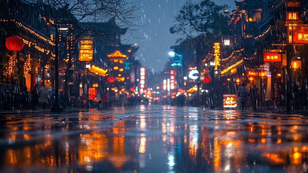 雨中老街行人撑伞漫步的市井景象