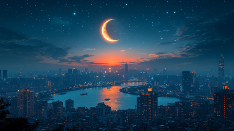 城市夜景下的月牙与灯火辉煌的建筑群