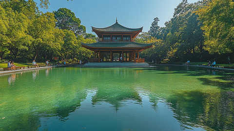 中式园林景观湖水边的古建筑群