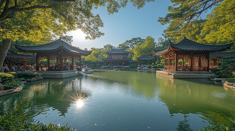 中式园林景观湖水边的古建筑群