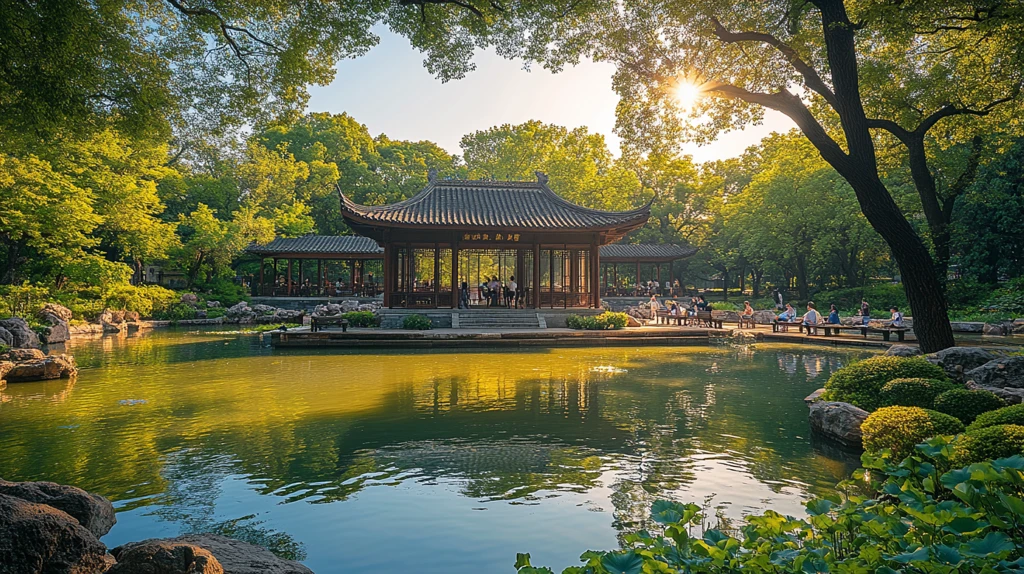 中式园林景观湖水边的古建筑群