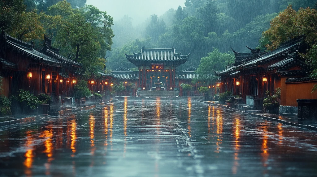 古建筑中的雨景