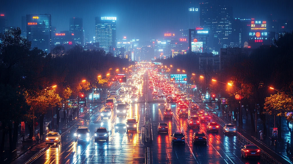 城市夜景俯拍车流涌动的繁华街道