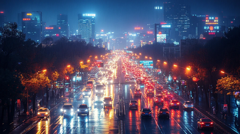 城市夜景俯拍车流涌动的繁华街道