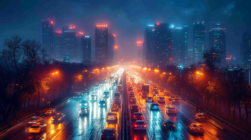 城市夜景俯拍车流涌动的繁华街道