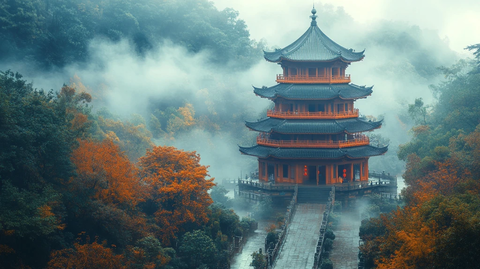 树林中古朴多层塔楼的远景画面