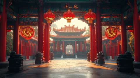 古建筑内挂着传统灯笼的夜景