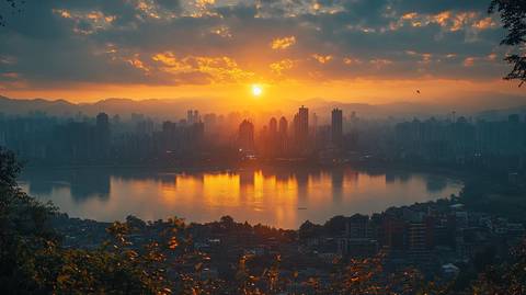 日出下的城市全景俯瞰