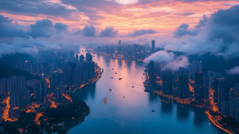 灯火辉煌的江边古建筑夜景