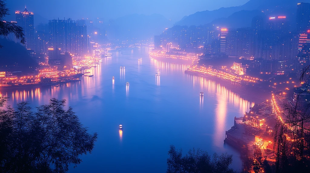 灯火辉煌的江边古建筑夜景