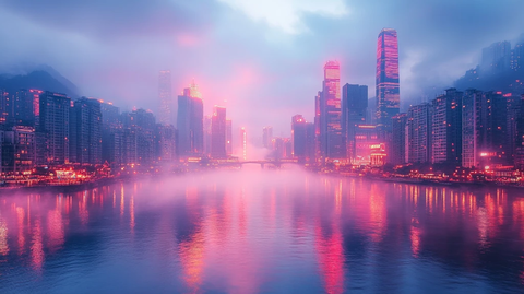 灯火辉煌的江边古建筑夜景