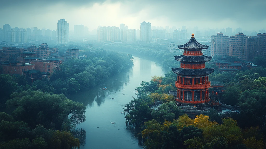 河边古楼阁夜景灯火辉煌古韵十足