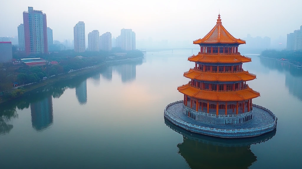 河边古楼阁夜景灯火辉煌古韵十足