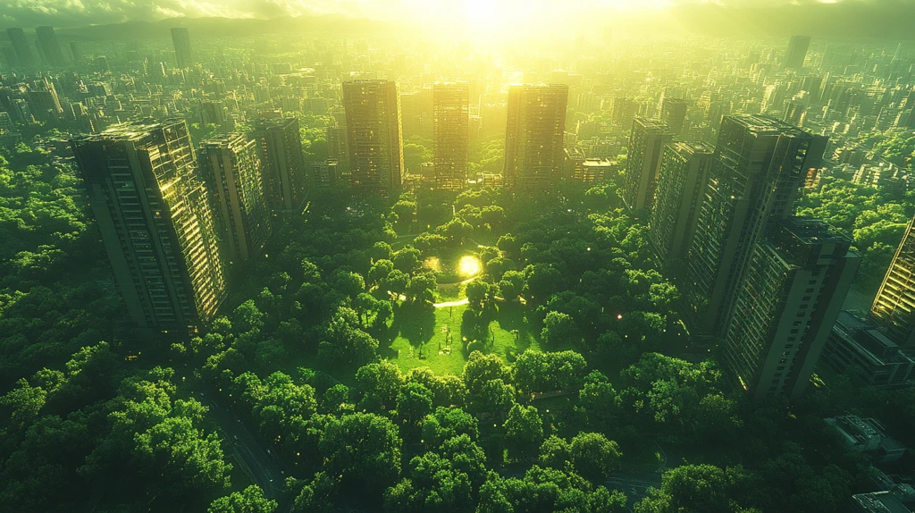 城市中绿树成荫的公园鸟瞰全景