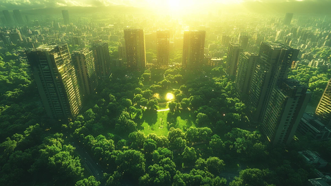 城市中绿树成荫的公园鸟瞰全景