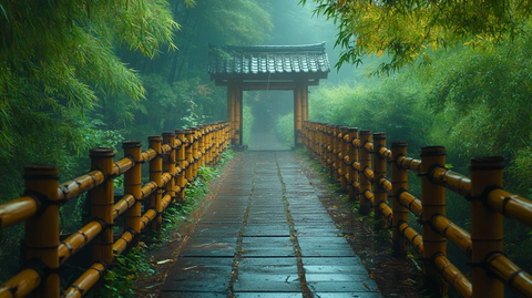 山林间的木制栈道与古亭的清幽景致