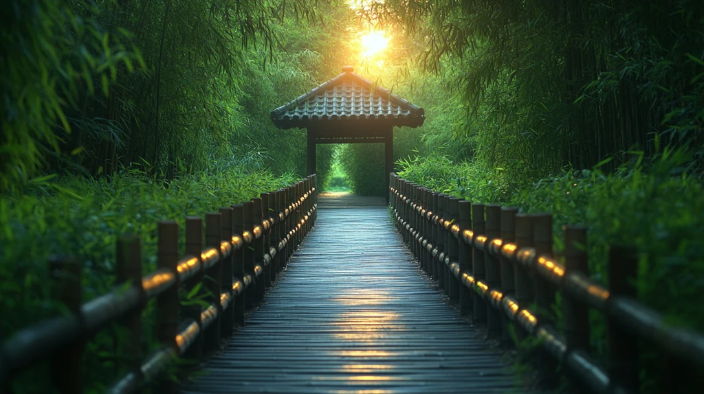 山林间的木制栈道与古亭的清幽景致