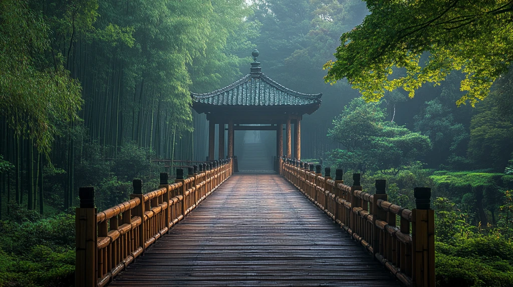 山林间的木制栈道与古亭的清幽景致