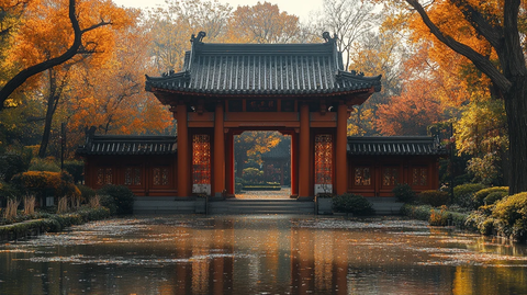 中式牌坊下的校园道路与行人