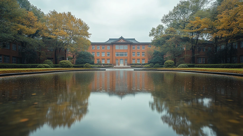 中式牌坊下的校园道路与行人