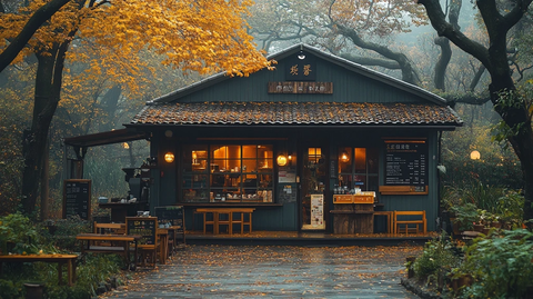 雨中树林里的小店外景