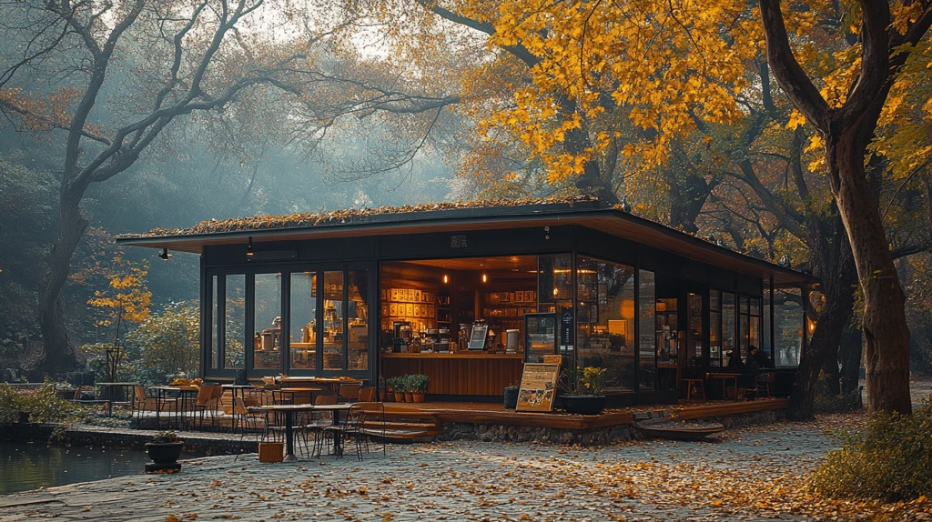 雨中树林里的小店外景