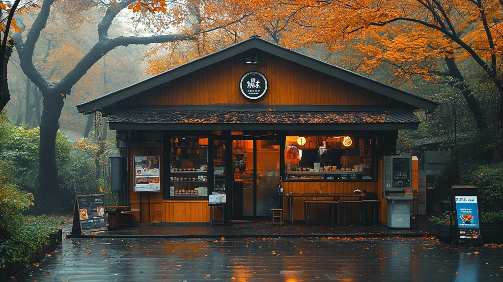 雨中树林里的小店外景