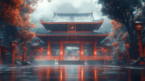 雨中古建筑庭院灯火通明的夜景