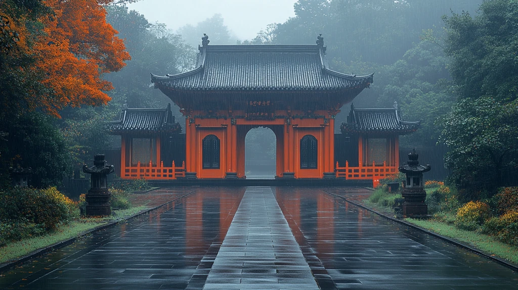 雨中古建筑庭院灯火通明的夜景