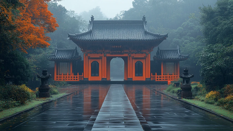 雨中古建筑庭院灯火通明的夜景