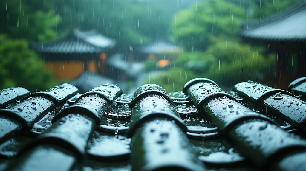 雨中古建筑屋顶与多彩秋林相映成趣