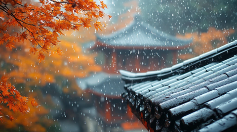 雨中古建筑屋顶与多彩秋林相映成趣
