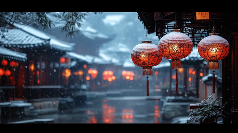 飘雪古建筑间挂着一排红灯笼
