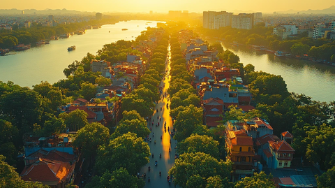 夕阳下城市中绿树成荫的街道鸟瞰全景