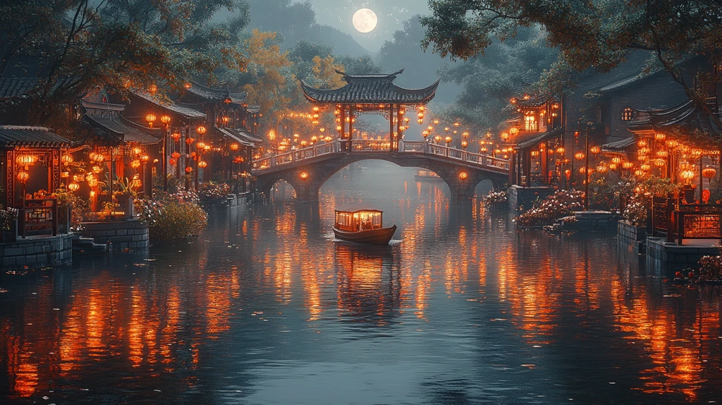 江南水乡小船行于挂灯石桥下的景象