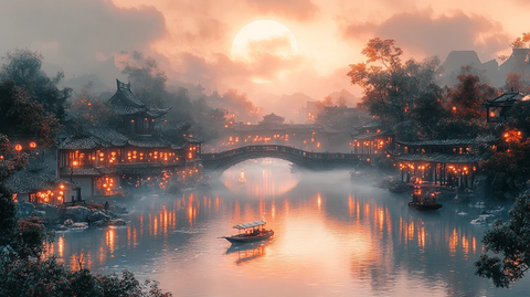 江南水乡小船行于挂灯石桥下的景象