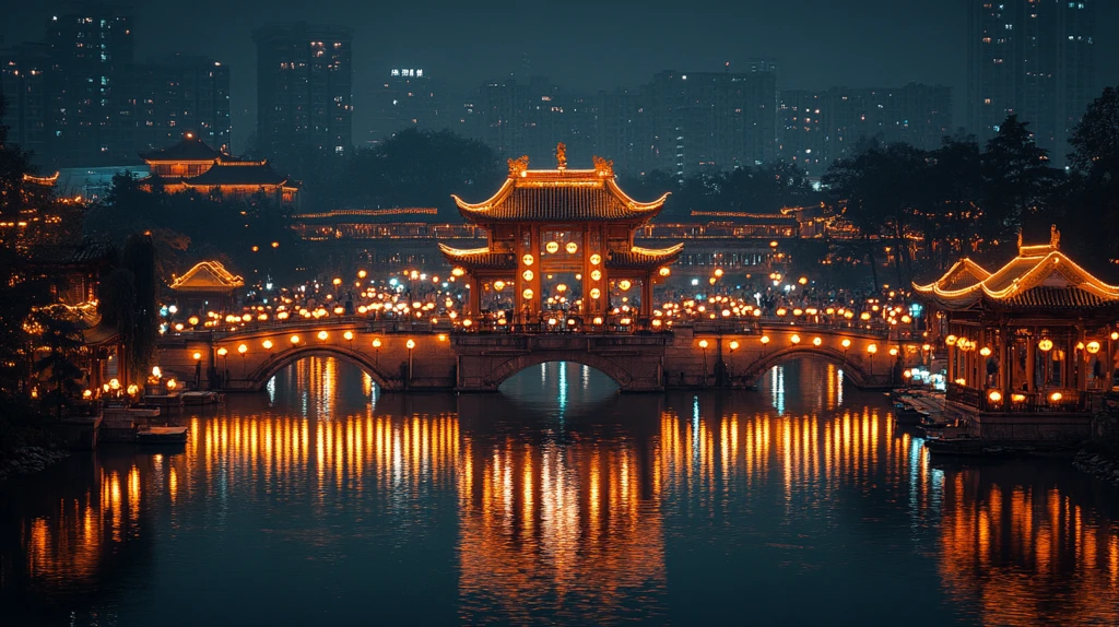 挂满灯笼的古桥及河面夜景