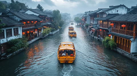 江南水乡游船夜景