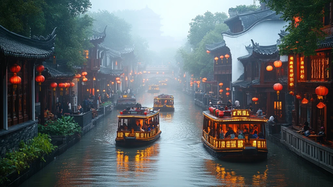 江南水乡游船夜景