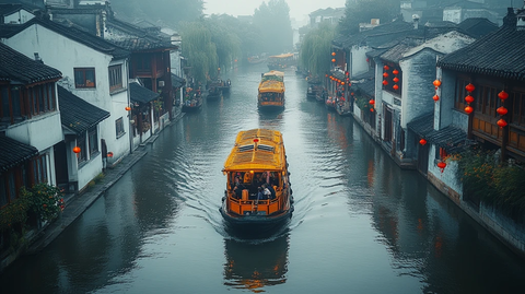 江南水乡游船夜景