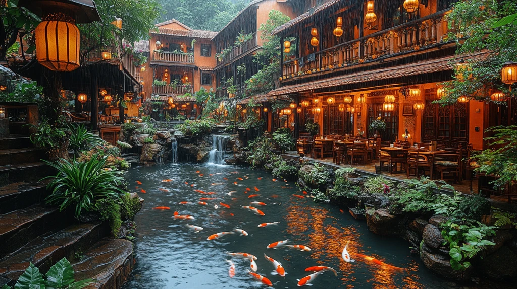 古色古香中式庭院锦鲤池夜景