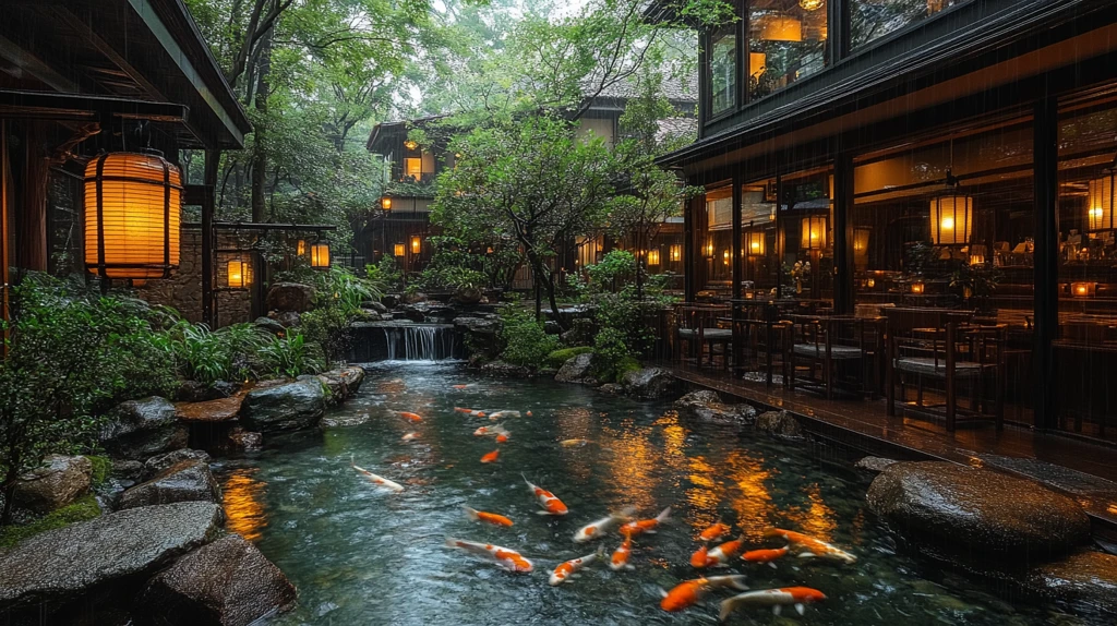 古色古香中式庭院锦鲤池夜景