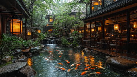 古色古香中式庭院锦鲤池夜景