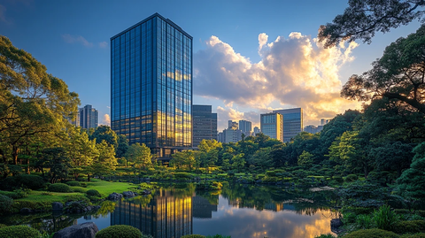 城市绿地旁的摩天大楼全景