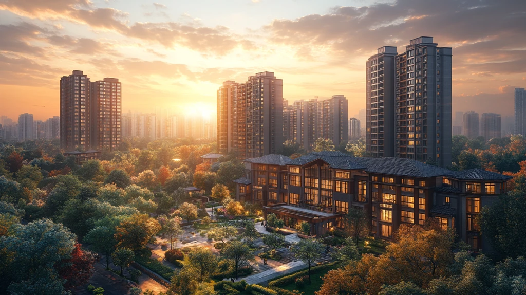 小区鸟瞰图绿树环绕的池塘和建筑