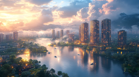 夜景下灯火通明的高层居民小区全景