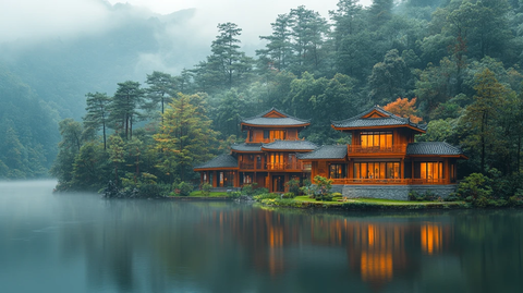 山林间的传统木屋建筑群