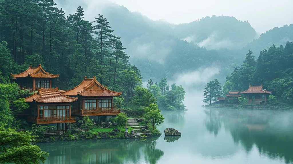 山林间的传统木屋建筑群